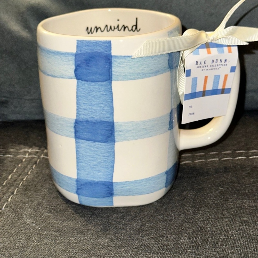 Rae Dunn New Spring Mug -Blue Gingham Unwind - New!!